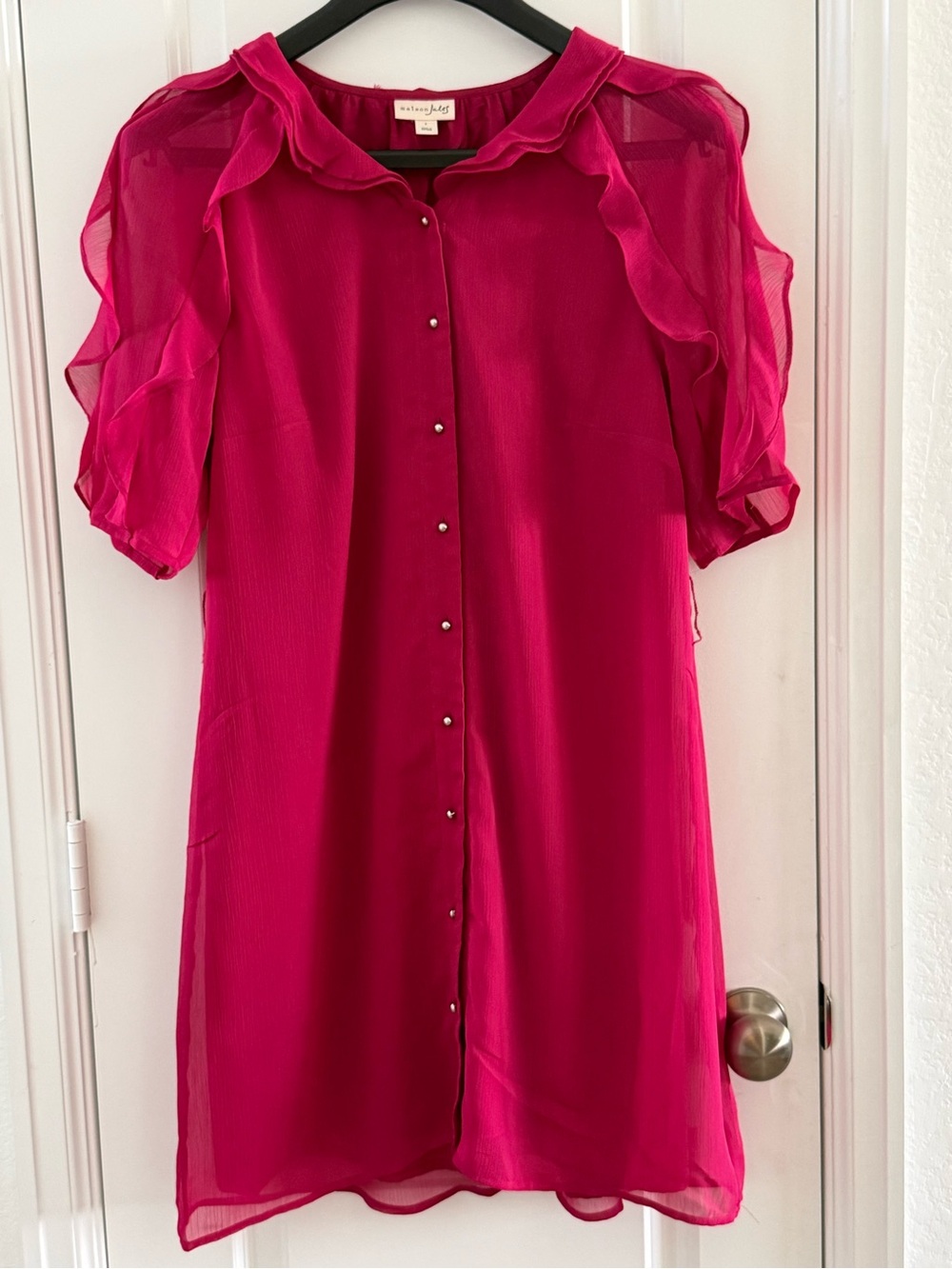 Maison Jules Pink Sheer Button-Down Dress With Ruffle Sleeves Size L